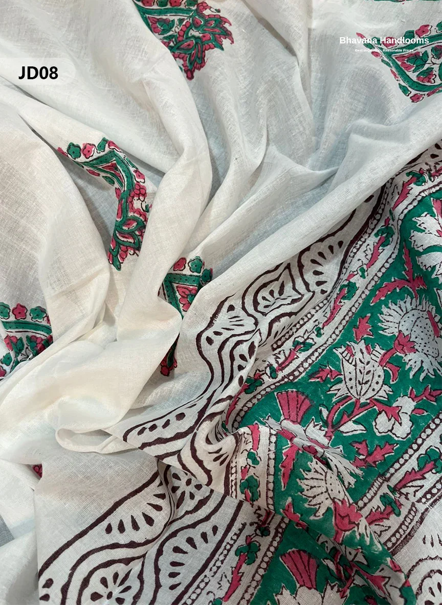 Jaipur Handblock Cotton Dupatta  Dress Material – White & Black