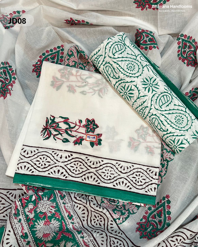 Jaipur Handblock Cotton Dupatta  Dress Material – White & Black