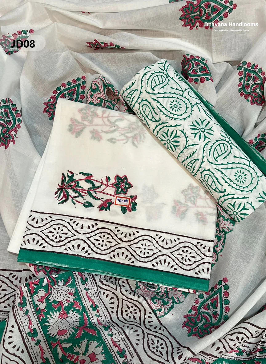 Jaipur Handblock Cotton Dupatta  Dress Material – White & Black