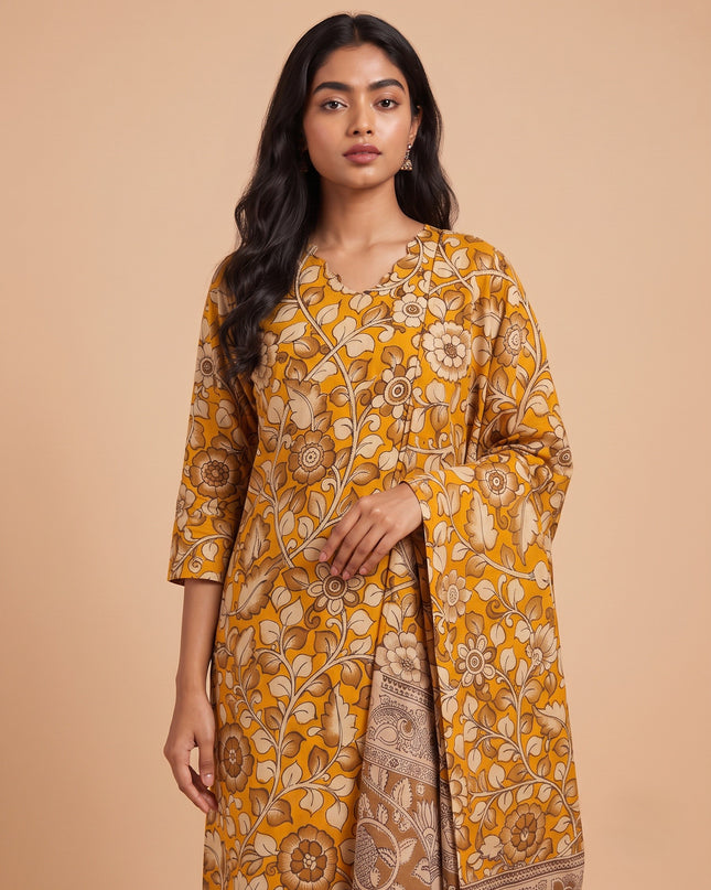 Premium Kalamkari 3PC Kurti Set with Cut Work Neck Design in Mustard Yellow Colour | Ready to Wear with Elastic Bottom