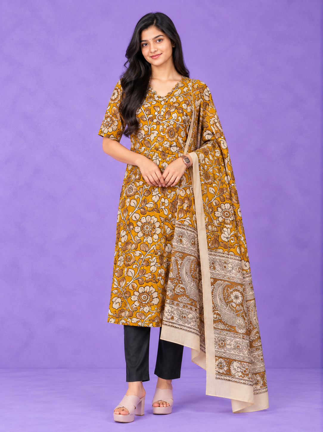 Premium Kalamkari 3PC Kurti Set with Cut Work Neck Design in Mustard Yellow Colour | Ready to Wear with Elastic Bottom