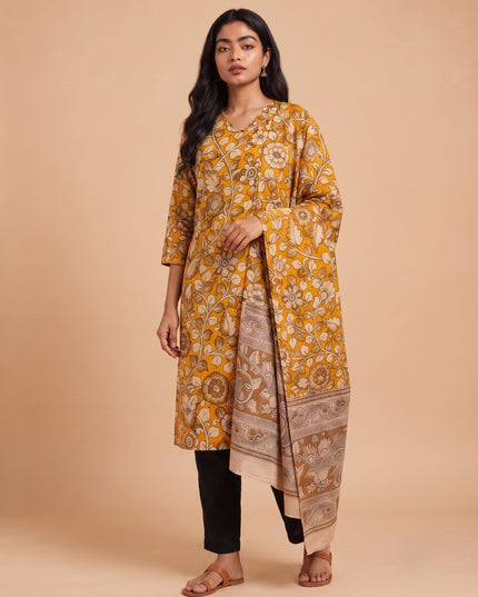 Premium Kalamkari 3PC Kurti Set with Cut Work Neck Design in Mustard Yellow Colour | Ready to Wear