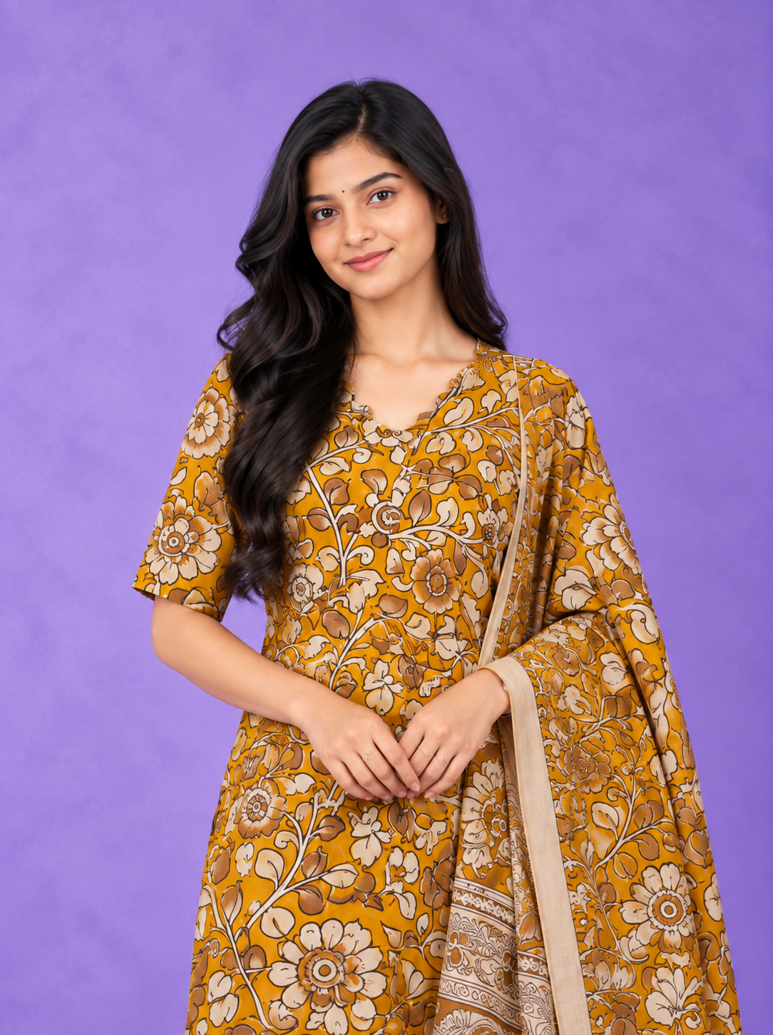 Premium Kalamkari 3PC Kurti Set with Cut Work Neck Design in Mustard Yellow Colour | Ready to Wear with Elastic Bottom