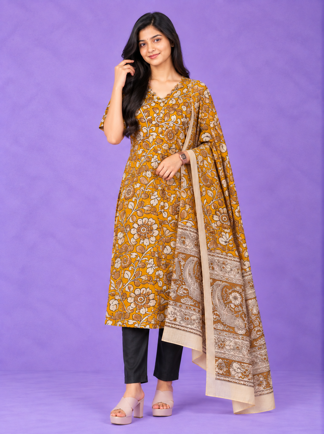 Premium Kalamkari 3PC Kurti Set with Cut Work Neck Design in Mustard Yellow Colour | Ready to Wear with Elastic Bottom