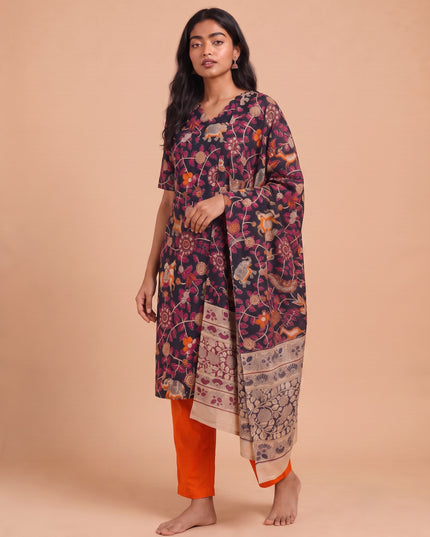 Premium Kalamkari 3PC Kurti Set with Cut Work Neck Design in Navy Blue Colour | Ready to Wear