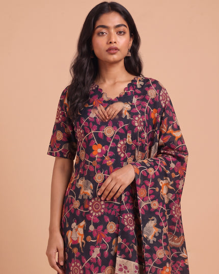 Premium Kalamkari 3PC Kurti Set with Cut Work Neck Design in Navy Blue Colour | Ready to Wear