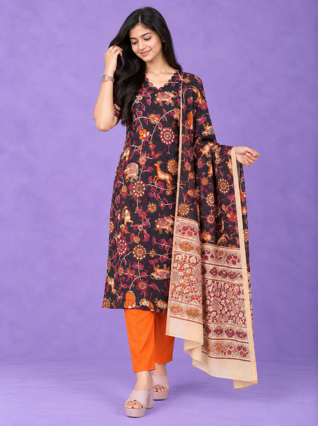 Premium Kalamkari 3PC Kurti Set with Cut Work Neck Design in Navy Blue Colour | Ready to Wear with Elastic Bottom