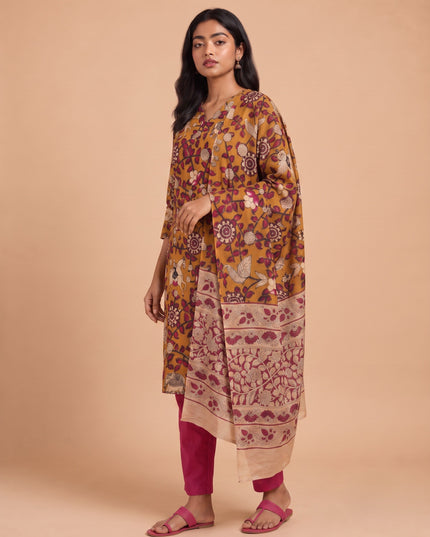 Premium Kalamkari 3PC Kurti Set with Cut Work Neck Design in Mustard Brown Colour | Ready to Wear