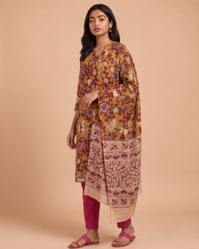 Premium Kalamkari 3PC Kurti Set with Cut Work Neck Design in Mustard Brown Colour | Ready to Wear with Elastic Bottom