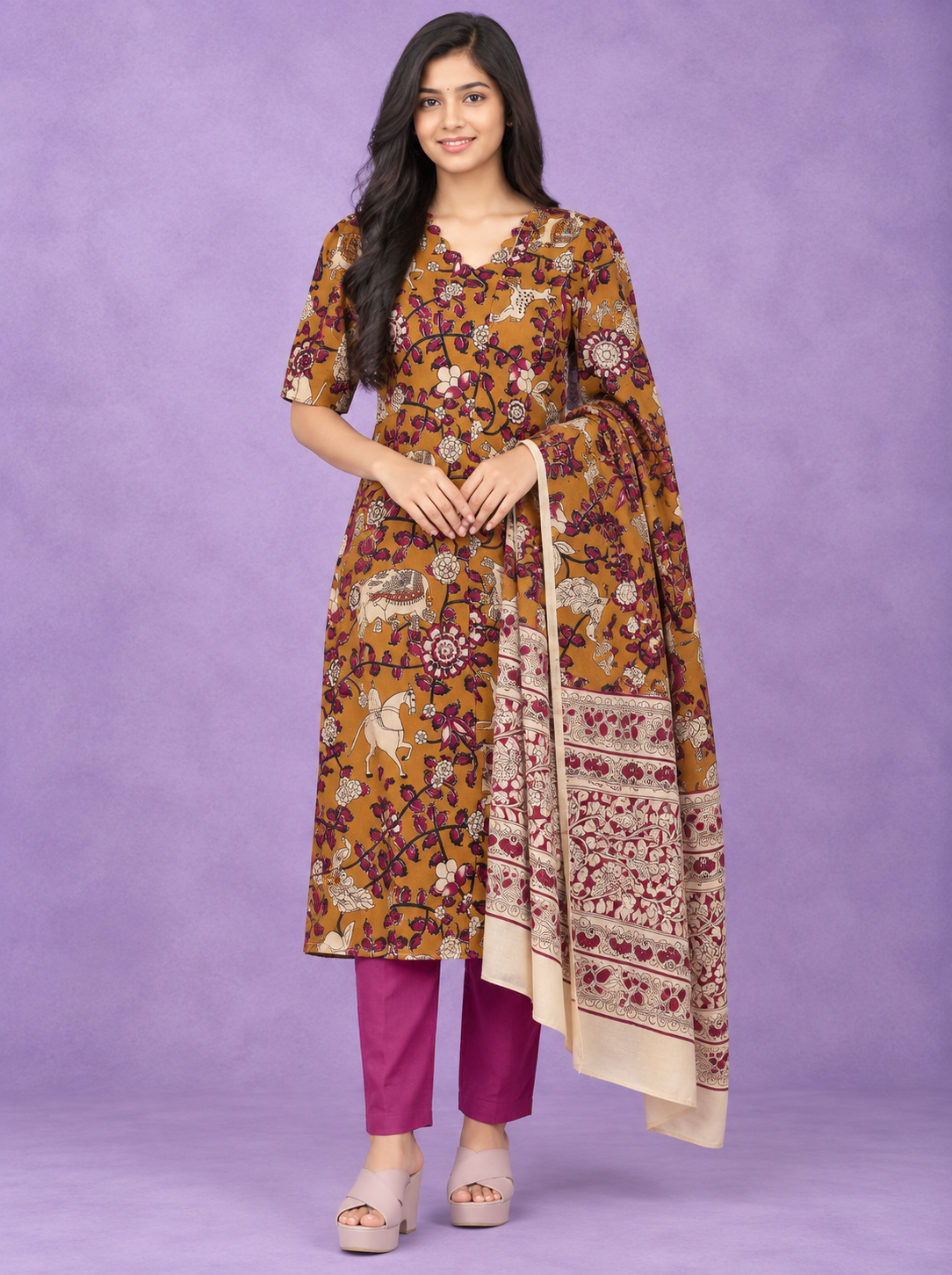Premium Kalamkari 3PC Kurti Set with Cut Work Neck Design in Mustard Brown Colour | Ready to Wear with Elastic Bottom