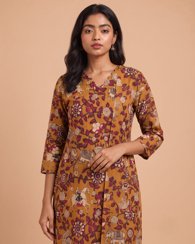 Premium Kalamkari 3PC Kurti Set with Cut Work Neck Design in Mustard Brown Colour | Ready to Wear with Elastic Bottom