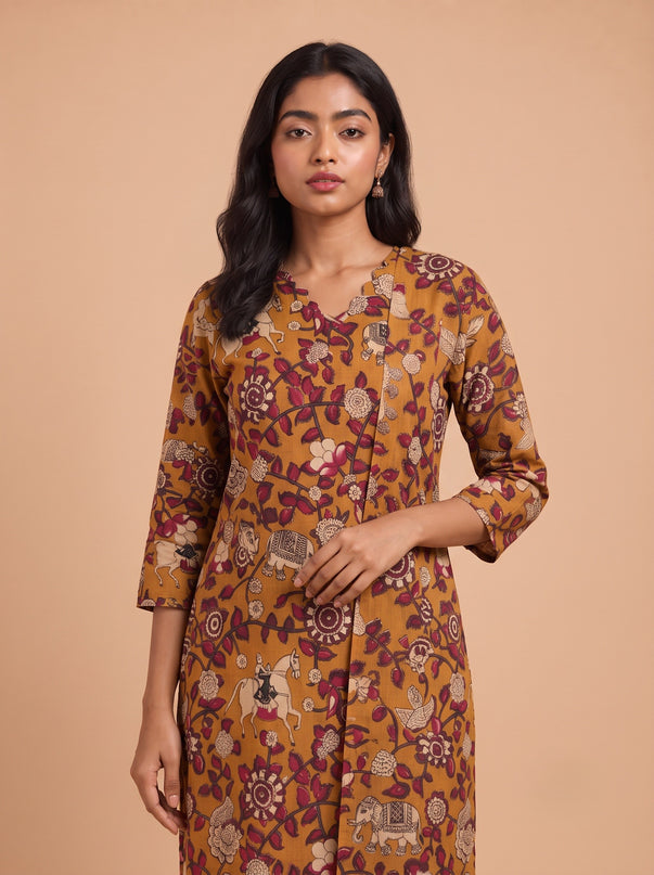 Premium Kalamkari 3PC Kurti Set with Cut Work Neck Design in Mustard Brown Colour | Ready to Wear with Elastic Bottom