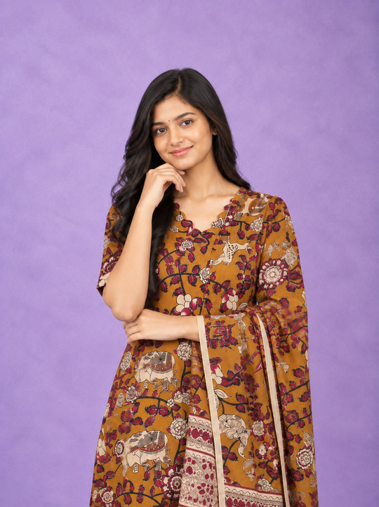 Premium Kalamkari 3PC Kurti Set with Cut Work Neck Design in Mustard Brown Colour | Ready to Wear with Elastic Bottom