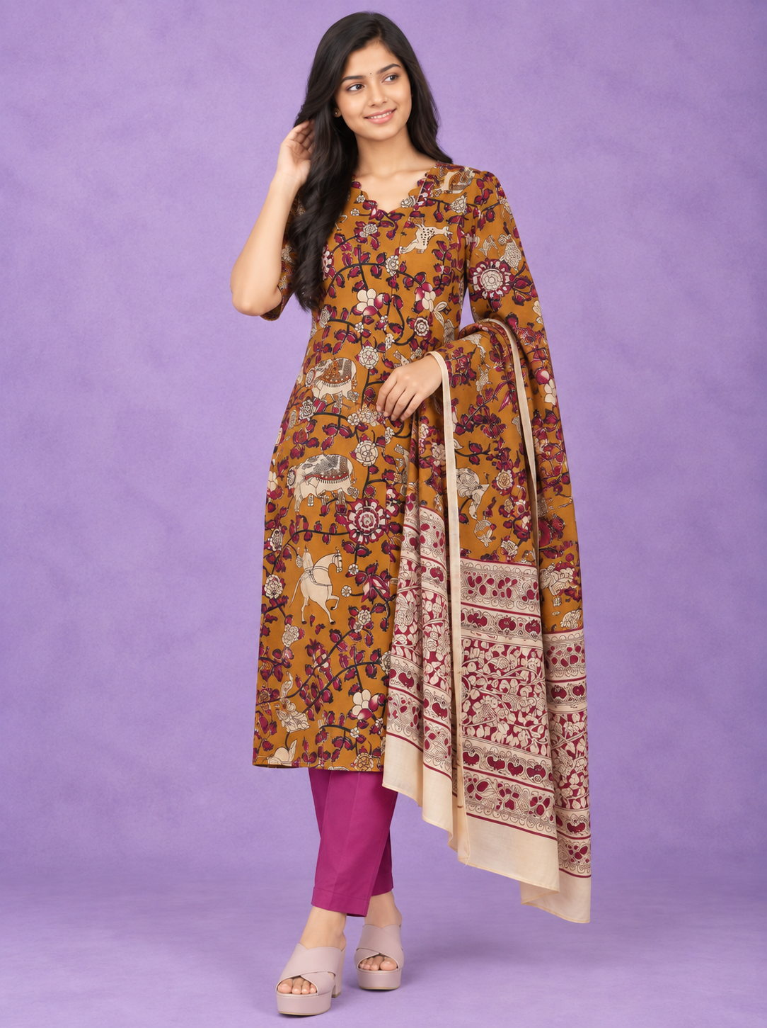 Premium Kalamkari 3PC Kurti Set with Cut Work Neck Design in Mustard Brown Colour | Ready to Wear with Elastic Bottom