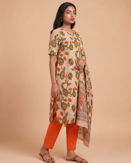 Premium Kalamkari 3PC Kurti Set with Cut Work Neck Design in Cream Colour | Ready to Wear