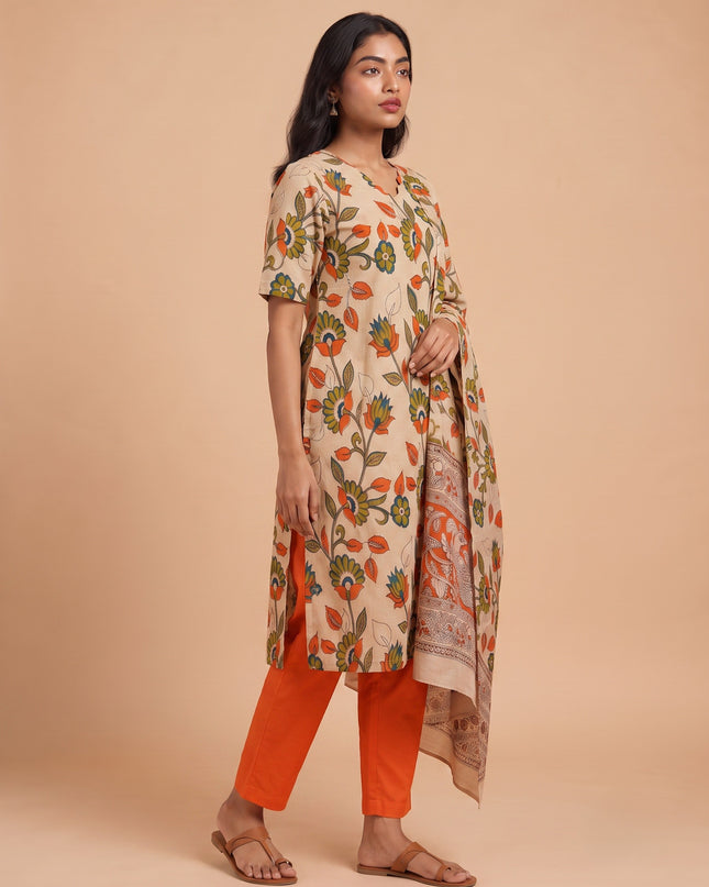 Premium Kalamkari 3PC Kurti Set with Cut Work Neck Design in Cream Colour | Ready to Wear with Elastic Bottom
