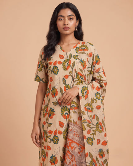 Premium Kalamkari 3PC Kurti Set with Cut Work Neck Design in Cream Colour | Ready to Wear