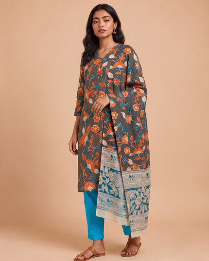 Premium Kalamkari 3PC Kurti Set with Cut Work Neck Design in Slate Grey Colour | Ready to Wear