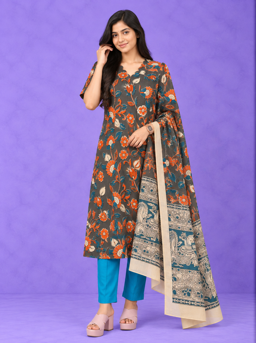 Premium Kalamkari 3PC Kurti Set with Cut Work Neck Design in Slate Grey Colour | Ready to Wear with Elastic Bottom
