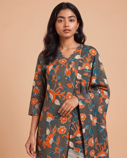 Premium Kalamkari 3PC Kurti Set with Cut Work Neck Design in Slate Grey Colour | Ready to Wear