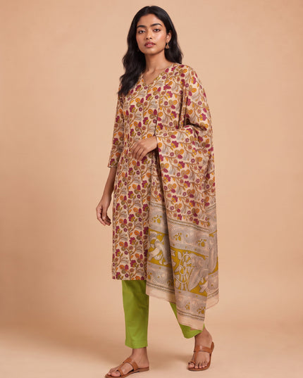 Premium Kalamkari 3PC Kurti Set with Cut Work Neck Design in Cream Colour | Ready to Wear