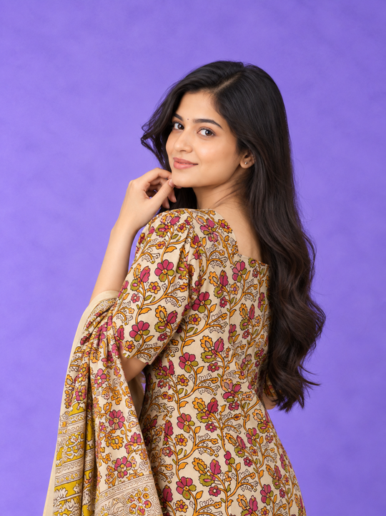 Premium Kalamkari 3PC Kurti Set with Cut Work Neck Design in Cream Colour | Ready to Wear with Elastic Bottom