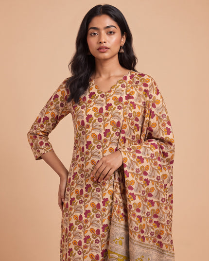 Premium Kalamkari 3PC Kurti Set with Cut Work Neck Design in Cream Colour | Ready to Wear