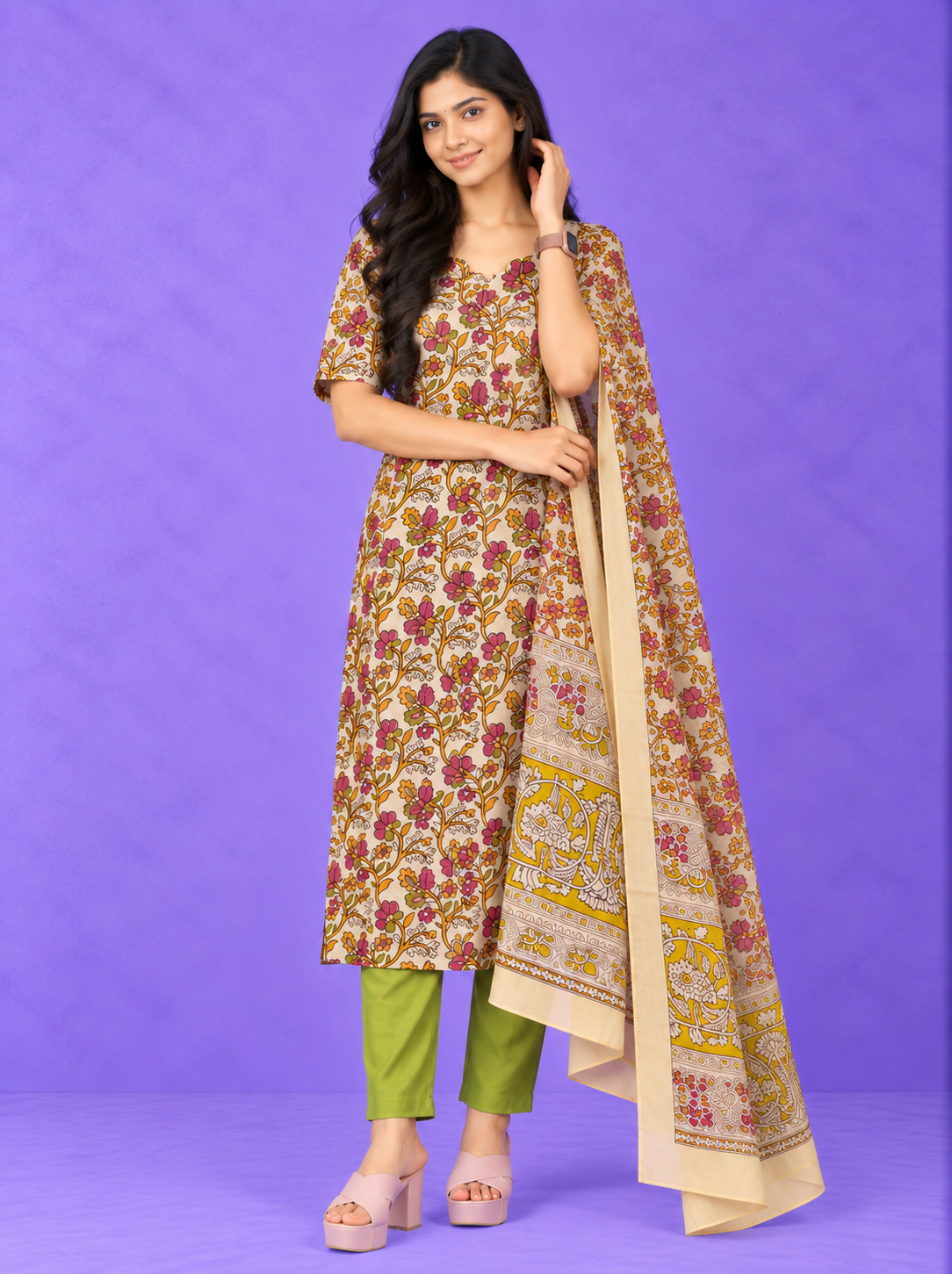 Premium Kalamkari 3PC Kurti Set with Cut Work Neck Design in Cream Colour | Ready to Wear with Elastic Bottom