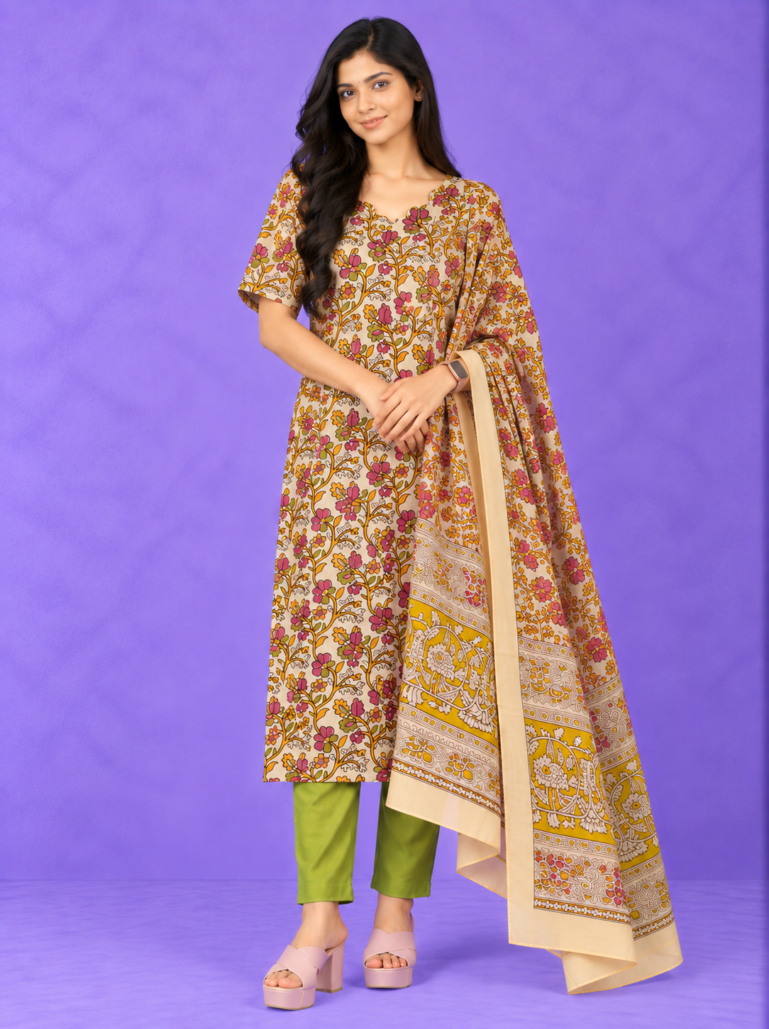 Premium Kalamkari 3PC Kurti Set with Cut Work Neck Design in Cream Colour | Ready to Wear with Elastic Bottom