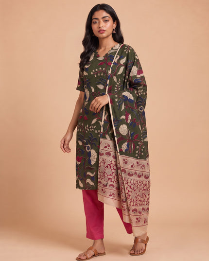 Premium Kalamkari 3PC Kurti Set with Cut Work Neck Design in Olive Green Colour | Ready to Wear