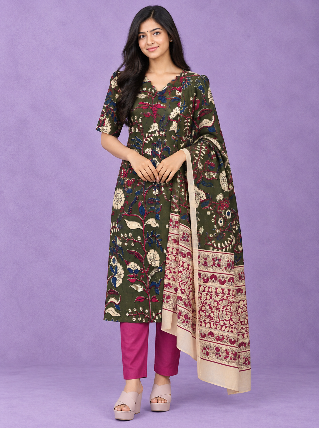 Premium Kalamkari 3PC Kurti Set with Cut Work Neck Design in Olive Green Colour | Ready to Wear with Elastic Bottom