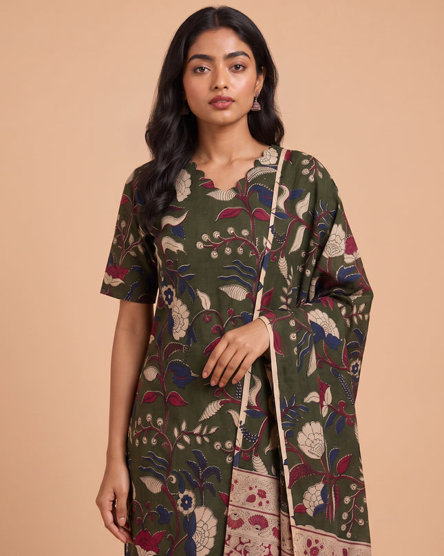 Premium Kalamkari 3PC Kurti Set with Cut Work Neck Design in Olive Green Colour | Ready to Wear with Elastic Bottom