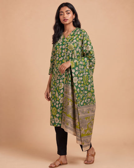 Premium Kalamkari 3PC Kurti Set with Cut Work Neck Design in Leaf Green Colour | Ready to Wear
