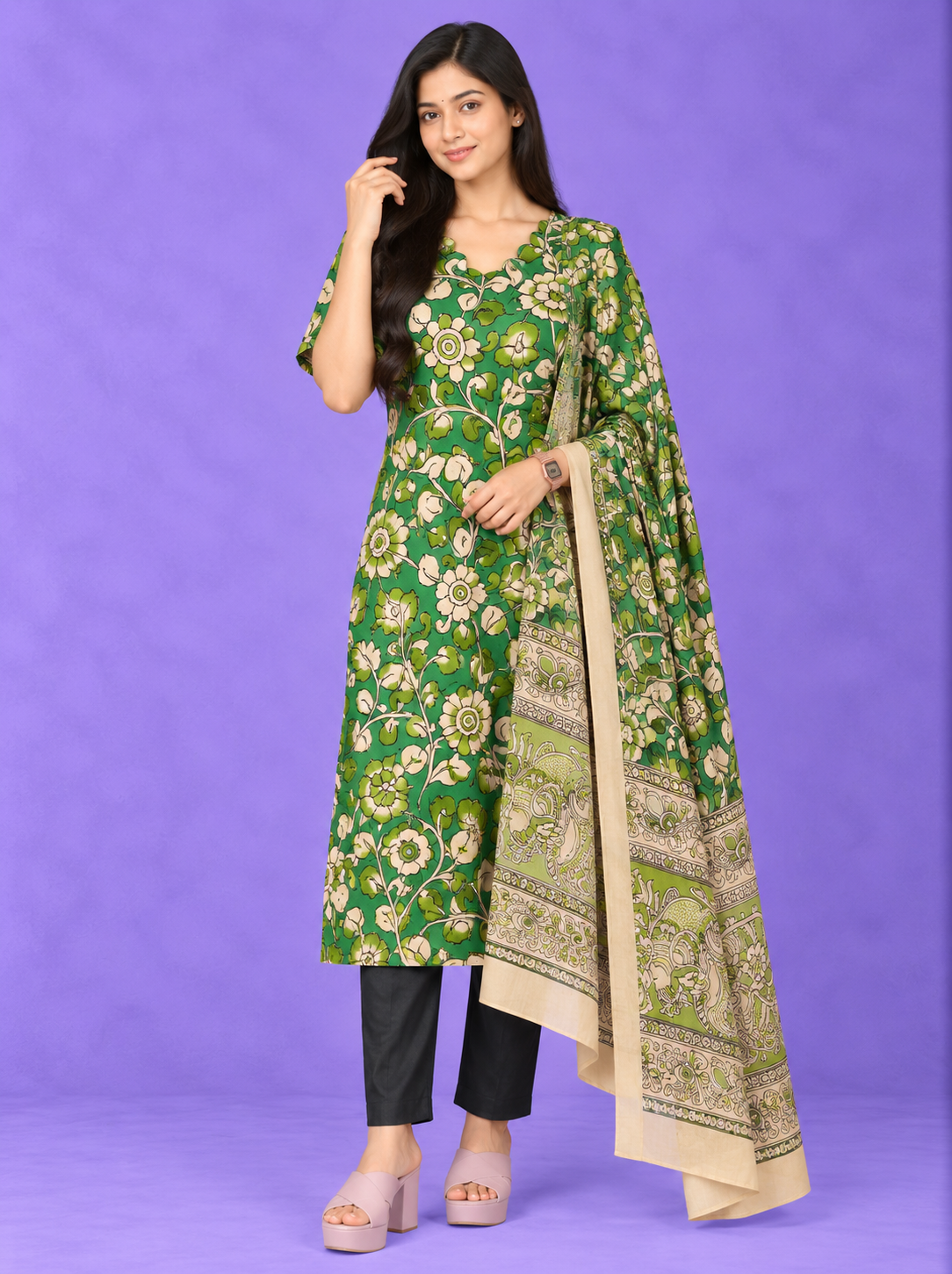 Premium Kalamkari 3PC Kurti Set with Cut Work Neck Design in Leaf Green Colour | Ready to Wear with Elastic Bottom