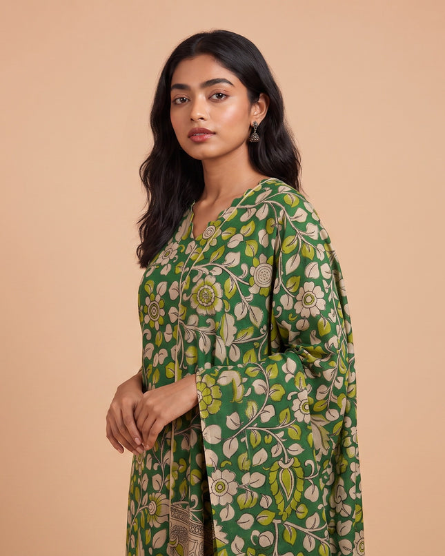Premium Kalamkari 3PC Kurti Set with Cut Work Neck Design in Leaf Green Colour | Ready to Wear with Elastic Bottom