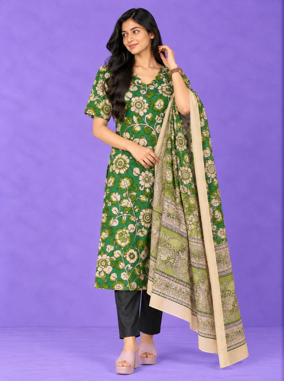 Premium Kalamkari 3PC Kurti Set with Cut Work Neck Design in Leaf Green Colour | Ready to Wear with Elastic Bottom