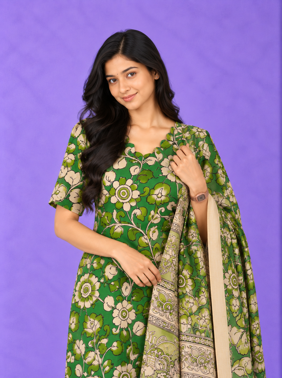 Premium Kalamkari 3PC Kurti Set with Cut Work Neck Design in Leaf Green Colour | Ready to Wear with Elastic Bottom