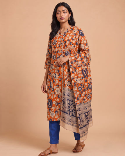 Premium Kalamkari 3PC Kurti Set with Cut Work Neck Design in Rust Orange Colour | Ready to Wear