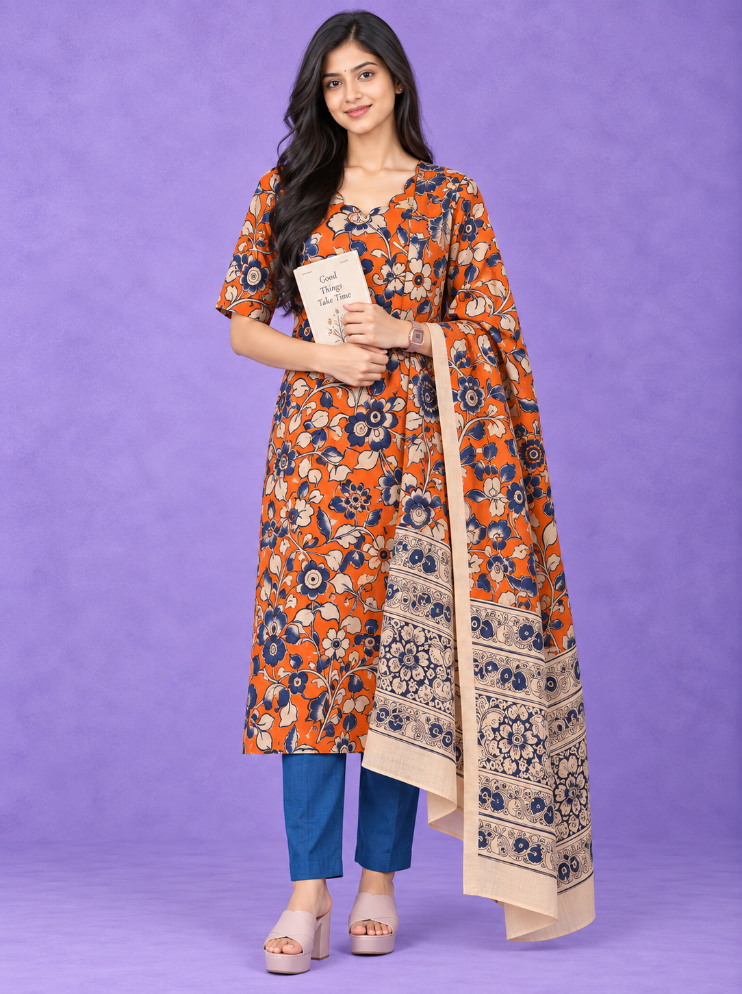 Premium Kalamkari 3PC Kurti Set with Cut Work Neck Design in Rust Orange Colour | Ready to Wear with Elastic Bottom