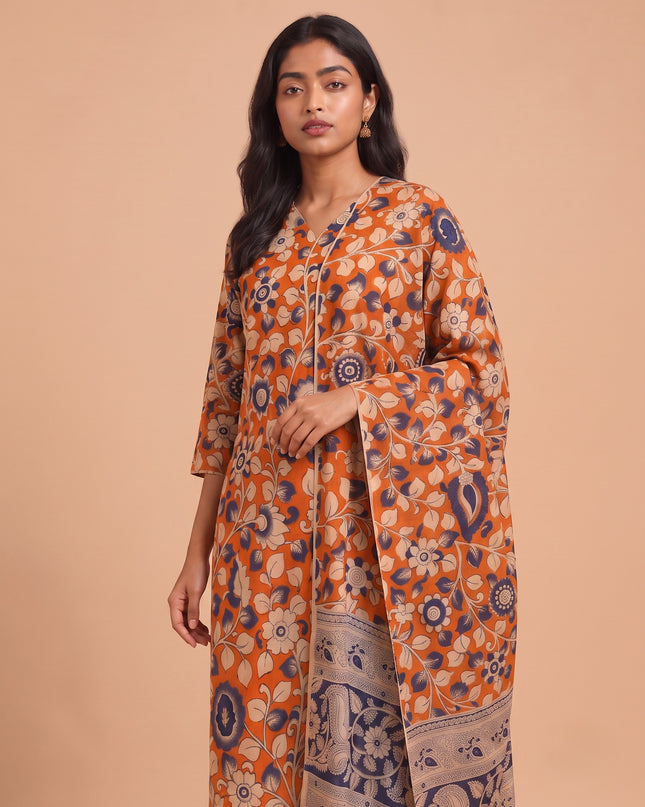 Premium Kalamkari 3PC Kurti Set with Cut Work Neck Design in Rust Orange Colour | Ready to Wear with Elastic Bottom