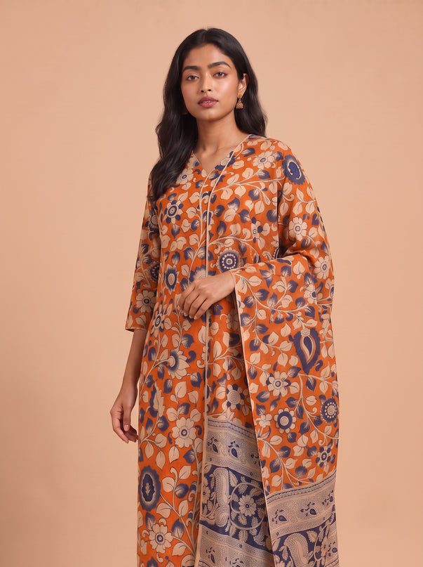 Premium Kalamkari 3PC Kurti Set with Cut Work Neck Design in Rust Orange Colour | Ready to Wear