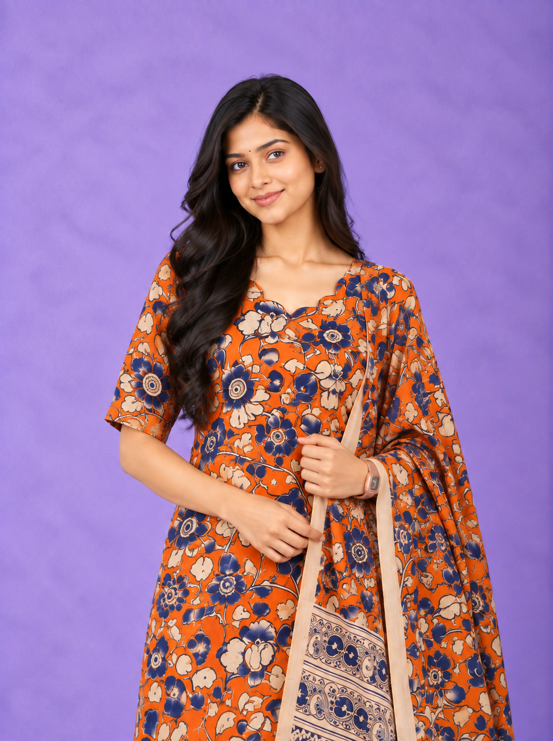 Premium Kalamkari 3PC Kurti Set with Cut Work Neck Design in Rust Orange Colour | Ready to Wear with Elastic Bottom