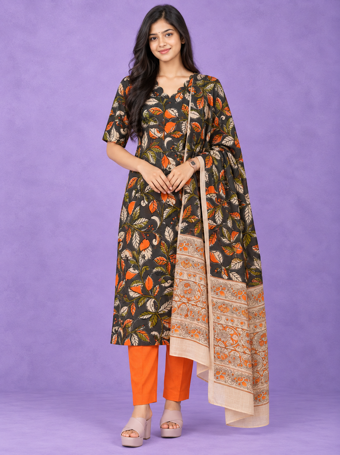 Premium Kalamkari 3PC Kurti Set with Cut Work Neck Design in Charcoal Grey & Burnt Orange Colour | Ready to Wear with Elastic Bottom