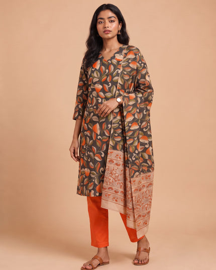 Premium Kalamkari 3PC Kurti Set with Cut Work Neck Design in Charcoal Grey & Burnt Orange Colour | Ready to Wear
