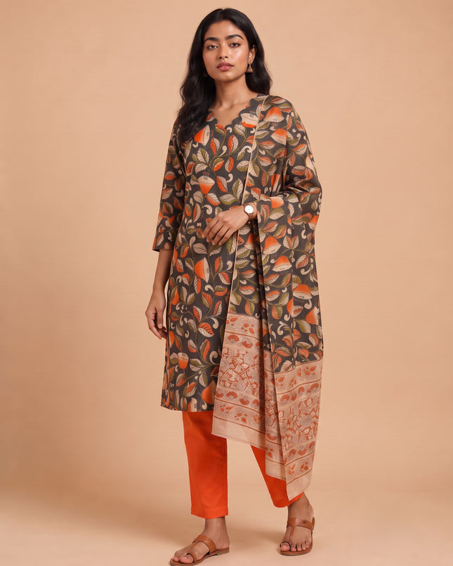 Premium Kalamkari 3PC Kurti Set with Cut Work Neck Design in Charcoal Grey & Burnt Orange Colour | Ready to Wear with Elastic Bottom