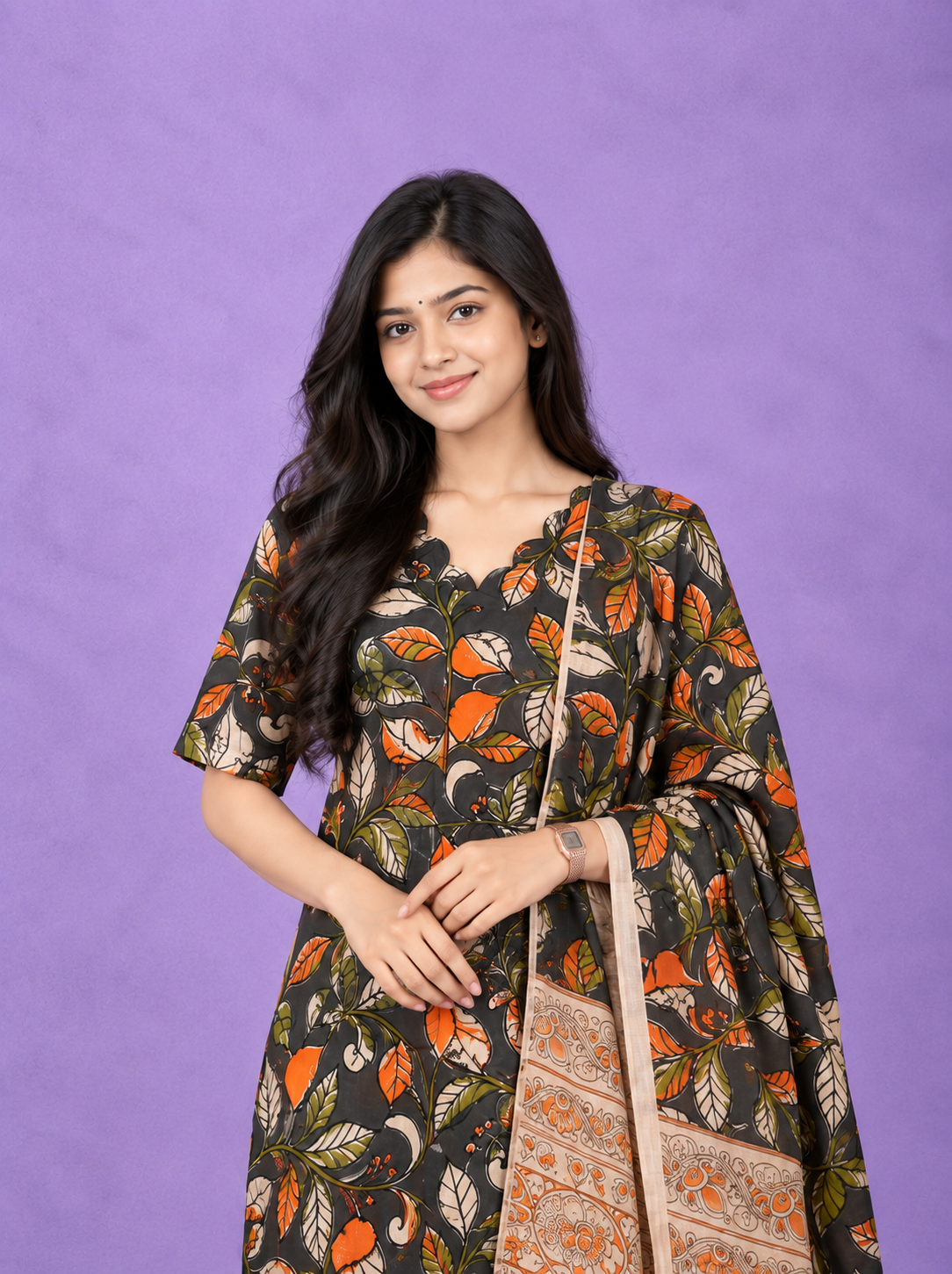 Premium Kalamkari 3PC Kurti Set with Cut Work Neck Design in Charcoal Grey & Burnt Orange Colour | Ready to Wear with Elastic Bottom