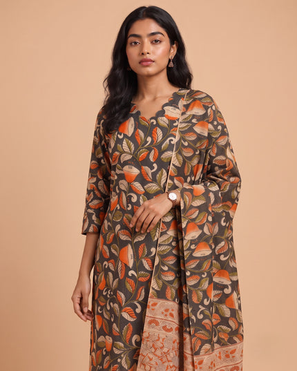Premium Kalamkari 3PC Kurti Set with Cut Work Neck Design in Charcoal Grey & Burnt Orange Colour | Ready to Wear