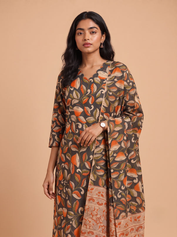 Premium Kalamkari 3PC Kurti Set with Cut Work Neck Design in Charcoal Grey & Burnt Orange Colour | Ready to Wear