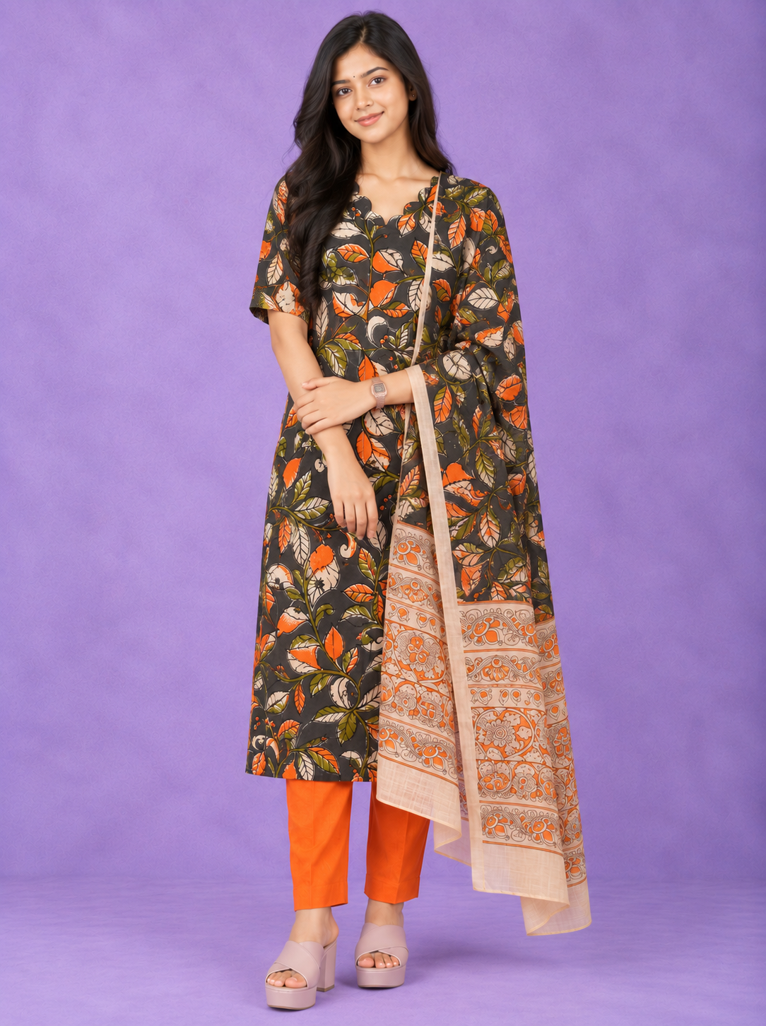 Premium Kalamkari 3PC Kurti Set with Cut Work Neck Design in Charcoal Grey & Burnt Orange Colour | Ready to Wear with Elastic Bottom
