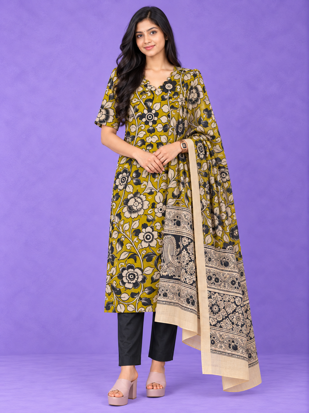 Premium Kalamkari 3PC Kurti Set with Cut Work Neck Design in Mustard Yellow Colour | Ready to Wear with Elastic Bottom